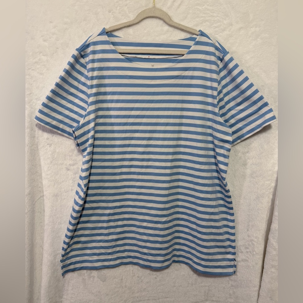 Dudley Stephens Nylon Top Womens XL White Blue Stripe Short Sleeve Stretch Comfy